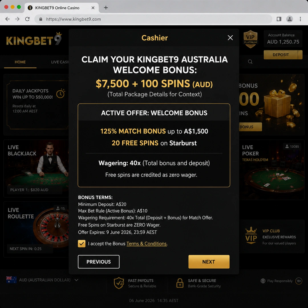 KingBet9 cashier showing the first-deposit 125 percent match up to A$1,500 with 20 zero-wager free spins on Dragon Pearls, 40x wagering terms at the foot.
