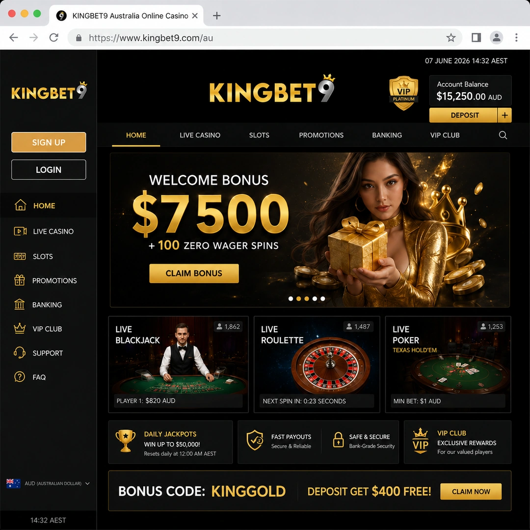 KingBet9 Casino homepage open in Chrome on 15 June 2026, showing the A$7,500 five-deposit welcome banner and the main navigation.