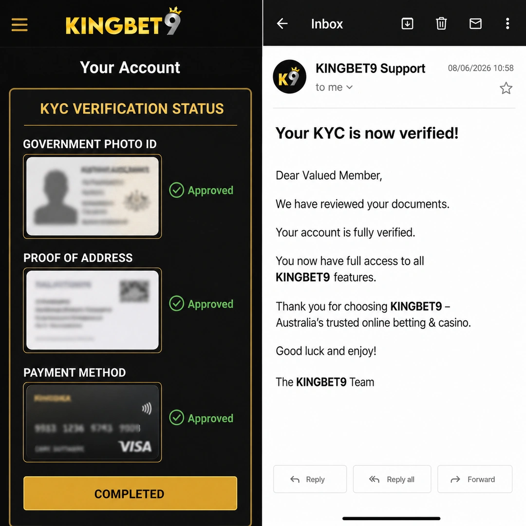 KingBet9 verification panel with three KYC documents approved, beside the confirmation email timestamped 19 hours after upload; personal identifiers redacted.