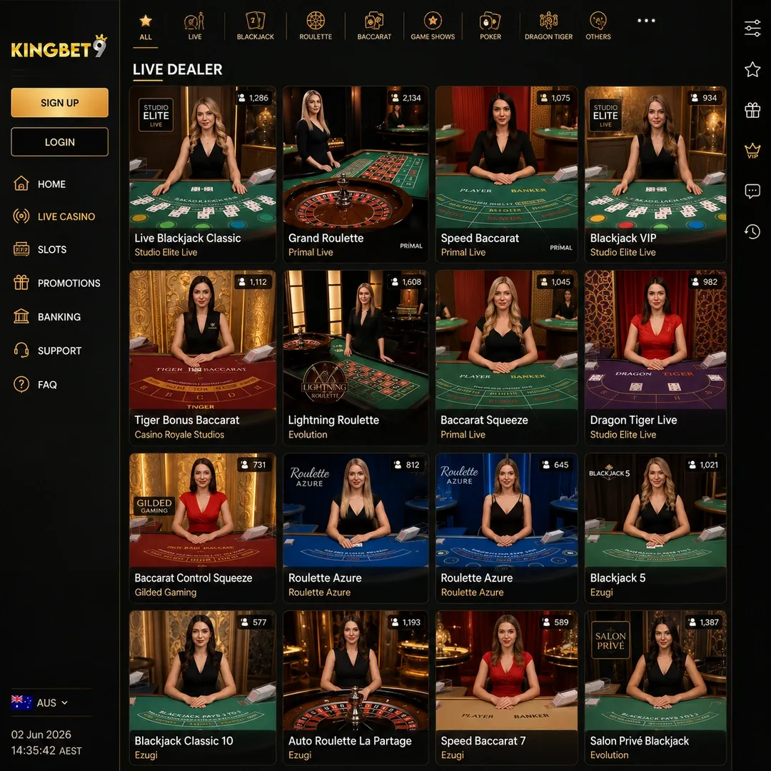 live casino lobby with blackjack, roulette, baccarat and Tiger Bonus Baccarat tables visible; the feeds are from secondary studios rather than Evolution or Pragmatic Live.