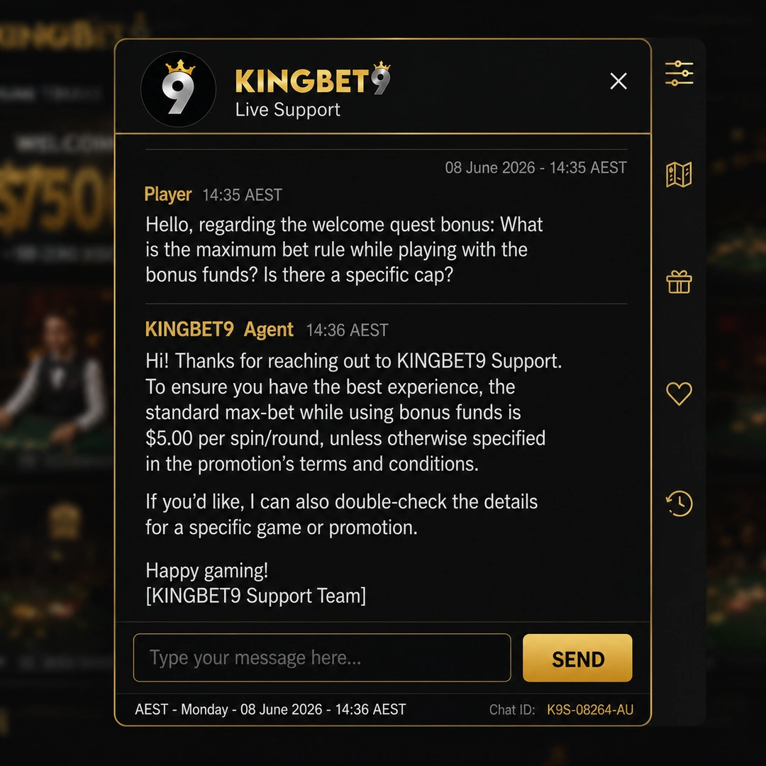 KingBet9 live-chat transcript at 22:07 AEST on a Thursday: a bonus max-bet question sent 22:05, agent reply 22:07, player name redacted.