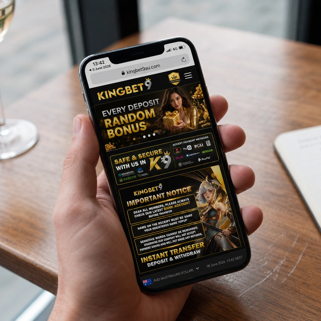 An iPhone 13 in hand running the KingBet9 mobile casino in Safari over 4G, a pokie spinning in the browser; the status bar shows network and time.