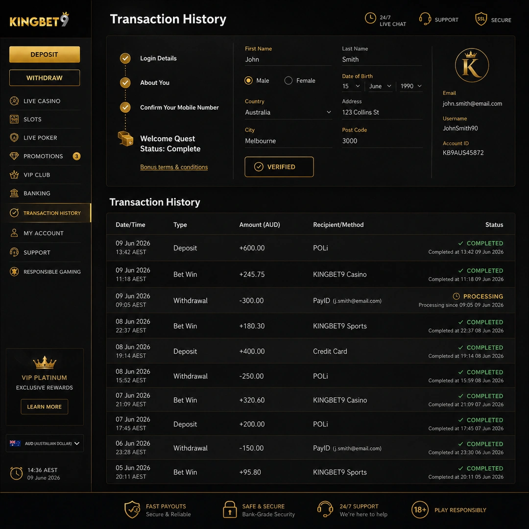 KingBet9 transaction history showing a A$250 PayID withdrawal requested 14:03 AEST and approved 16:41; beside it, a mobile-banking alert of AUD 250 credited 16:42, balance blurred.