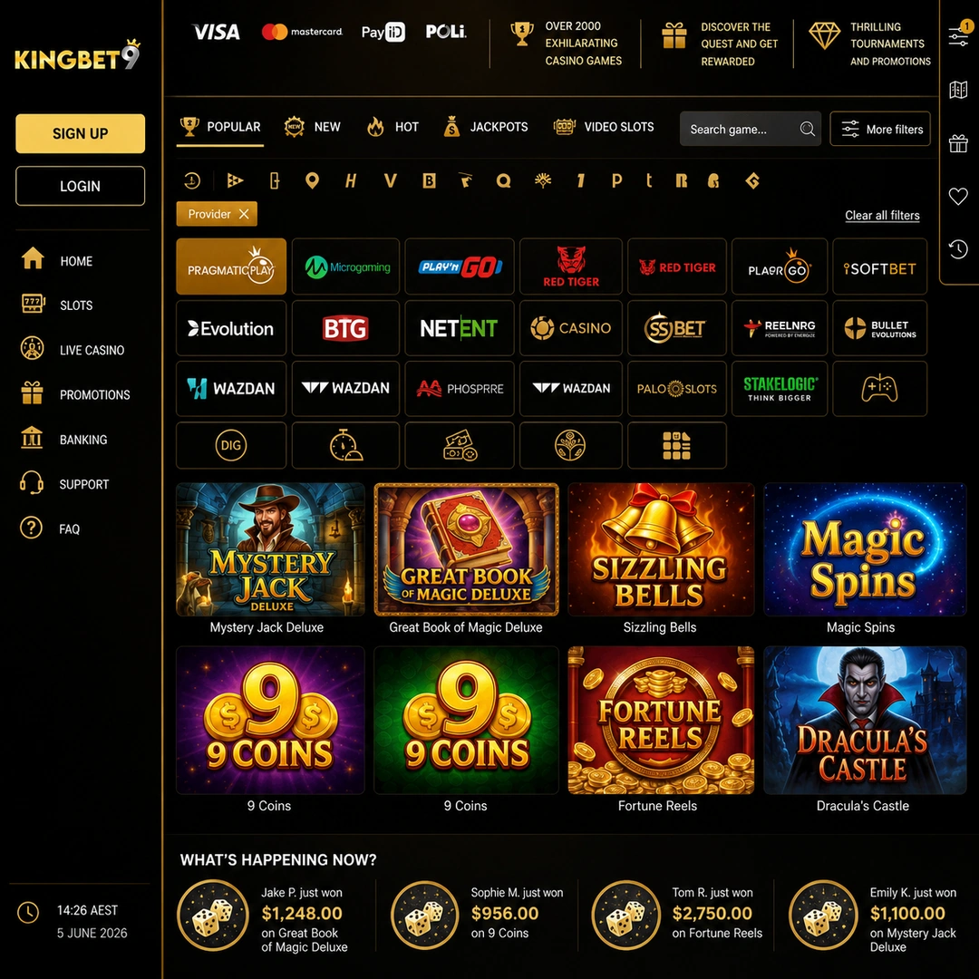 KingBet9 pokies lobby with the provider filter open.