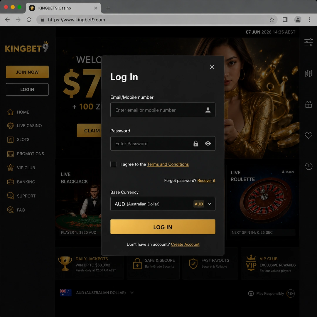 KingBet9 sign-up form with AUD as base currency and the 18+ age confirmation checkbox; personal data fields redacted.